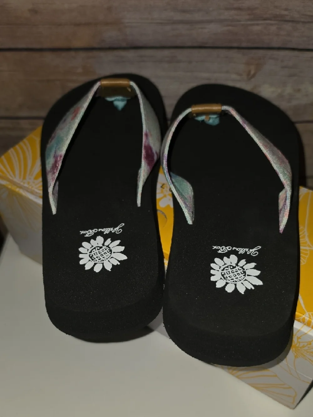 Yellow Box Black Flip Flops with Mint Floral Straps - Picture 3 of 4